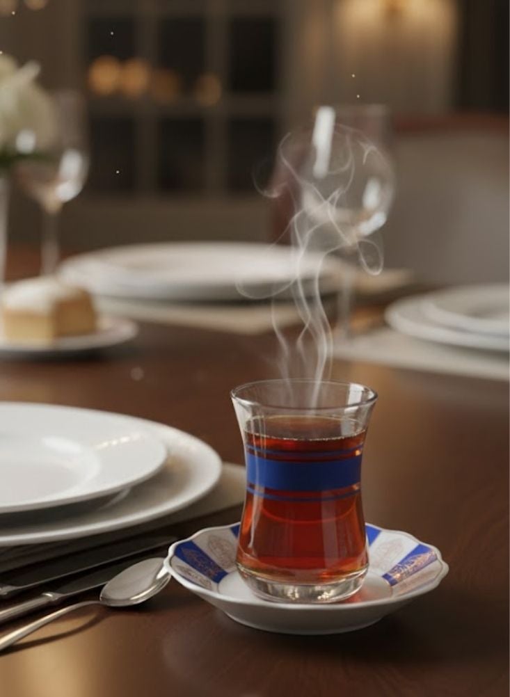 بريميم طقم أكواب شاي تركي زرقاء مع صحون متناسقة مكوّن من ست قطع - Image 2